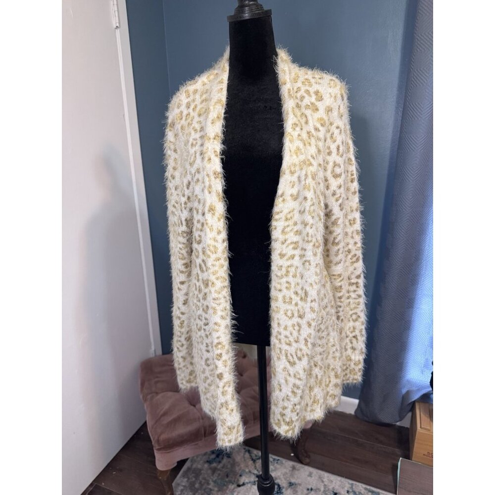 Peyton Primrose Cardigan Large Soft Fuzzy Eyelash Leopard Cheetah Cream Tan